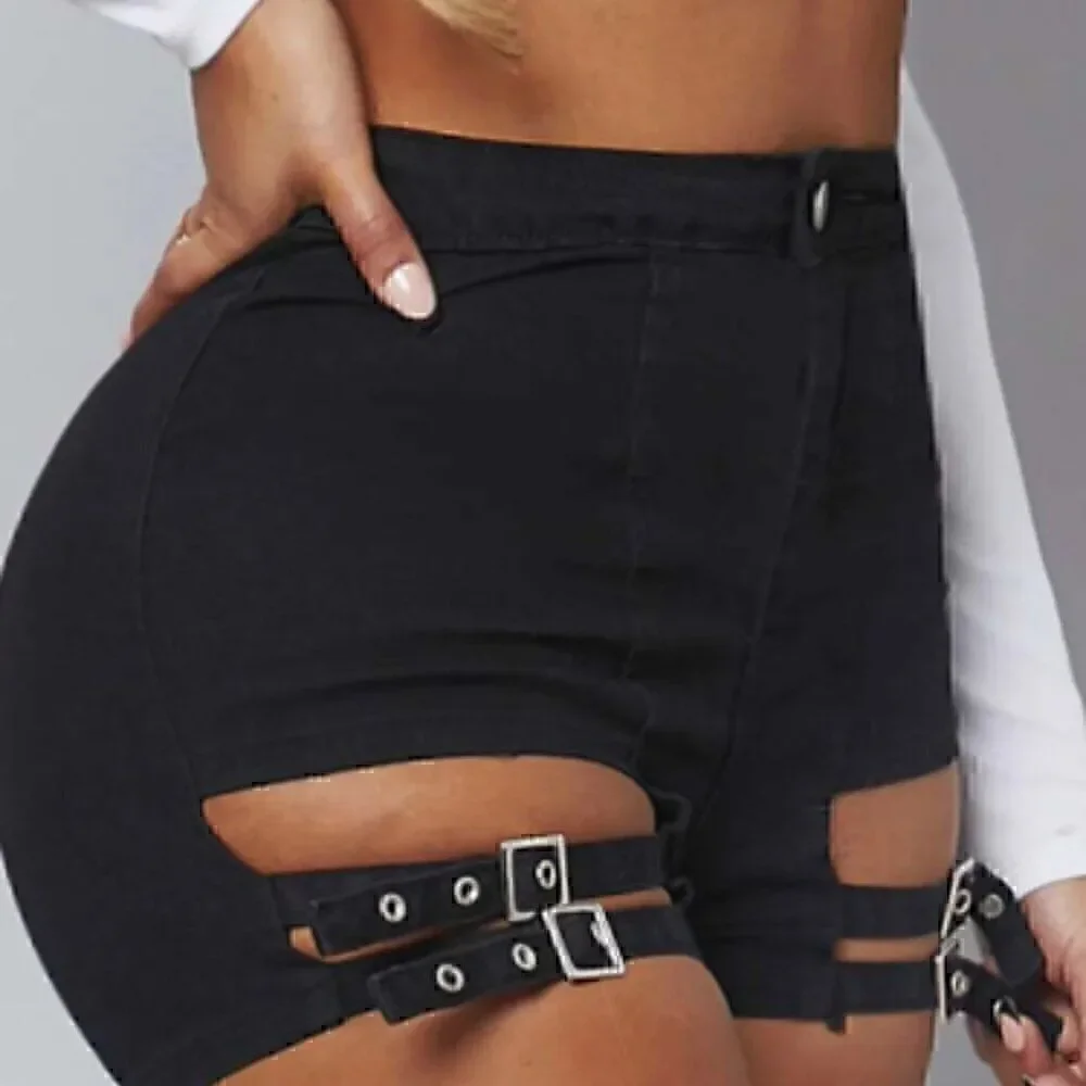 Shein High-waisted  Double Silver Buckle Black Cutout  Retro Shorts 31
